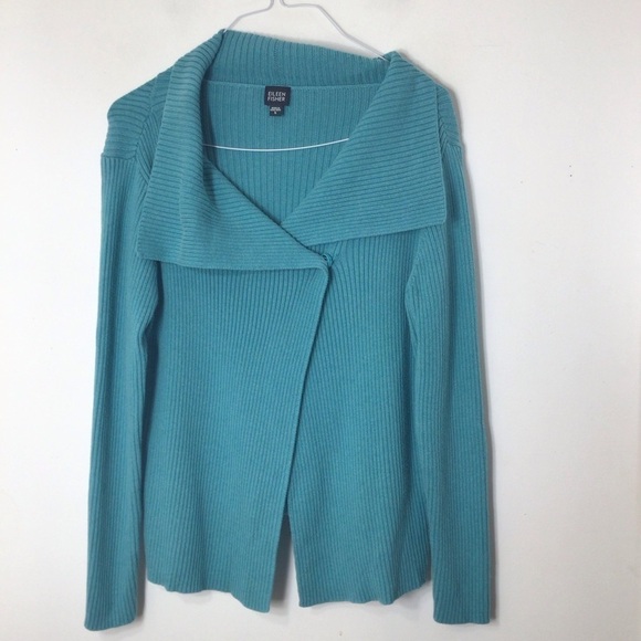 Eileen Fisher sweater women small blue cotton wide collar wrap cardigan - Picture 4 of 7